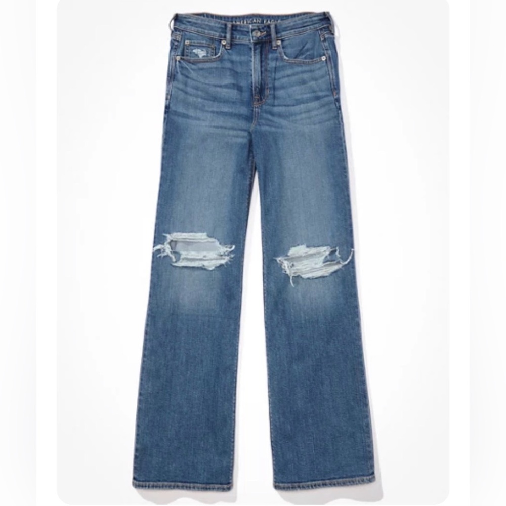 AE Dreamy Drape Stretched Ripped Super High-Rise Baggy Wide-Leg Jean Size 4
